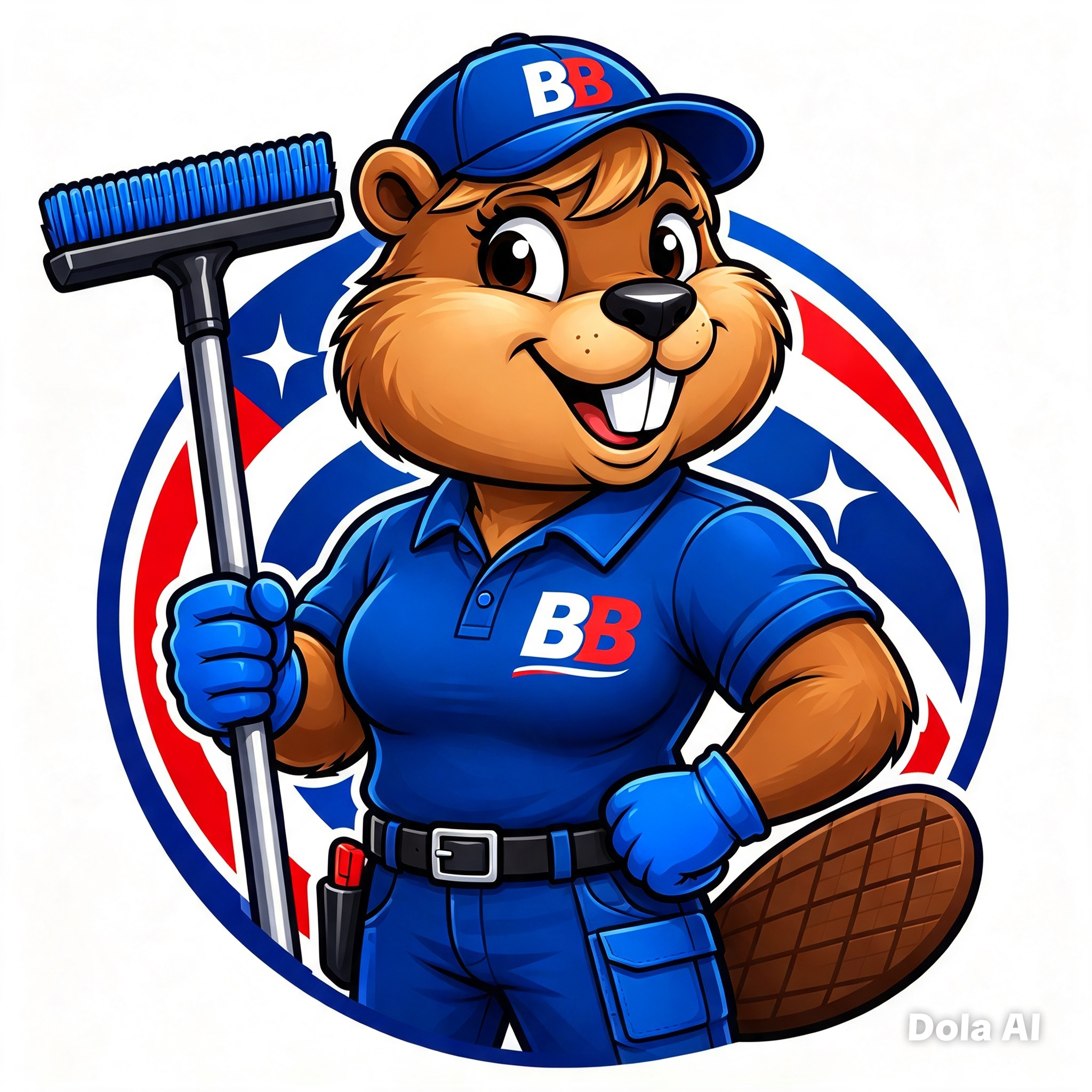Busy Beever mascot holding cleaning equipment